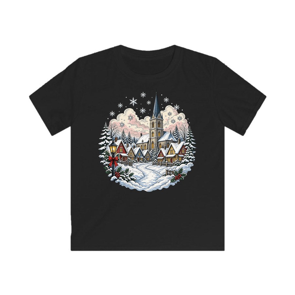 Vintage Snowy Village Church personalised kids Christmas tee in black