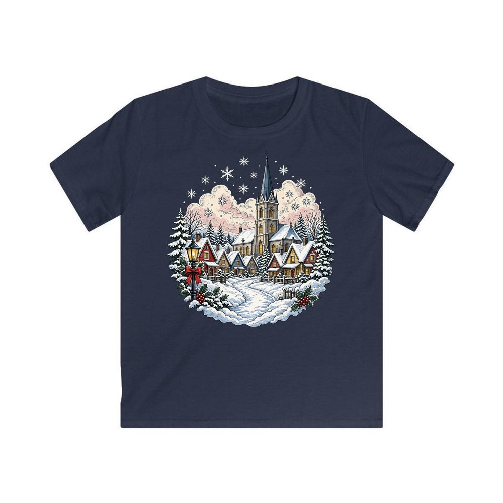 Vintage Snowy Village Church personalised kids Christmas tee in navy