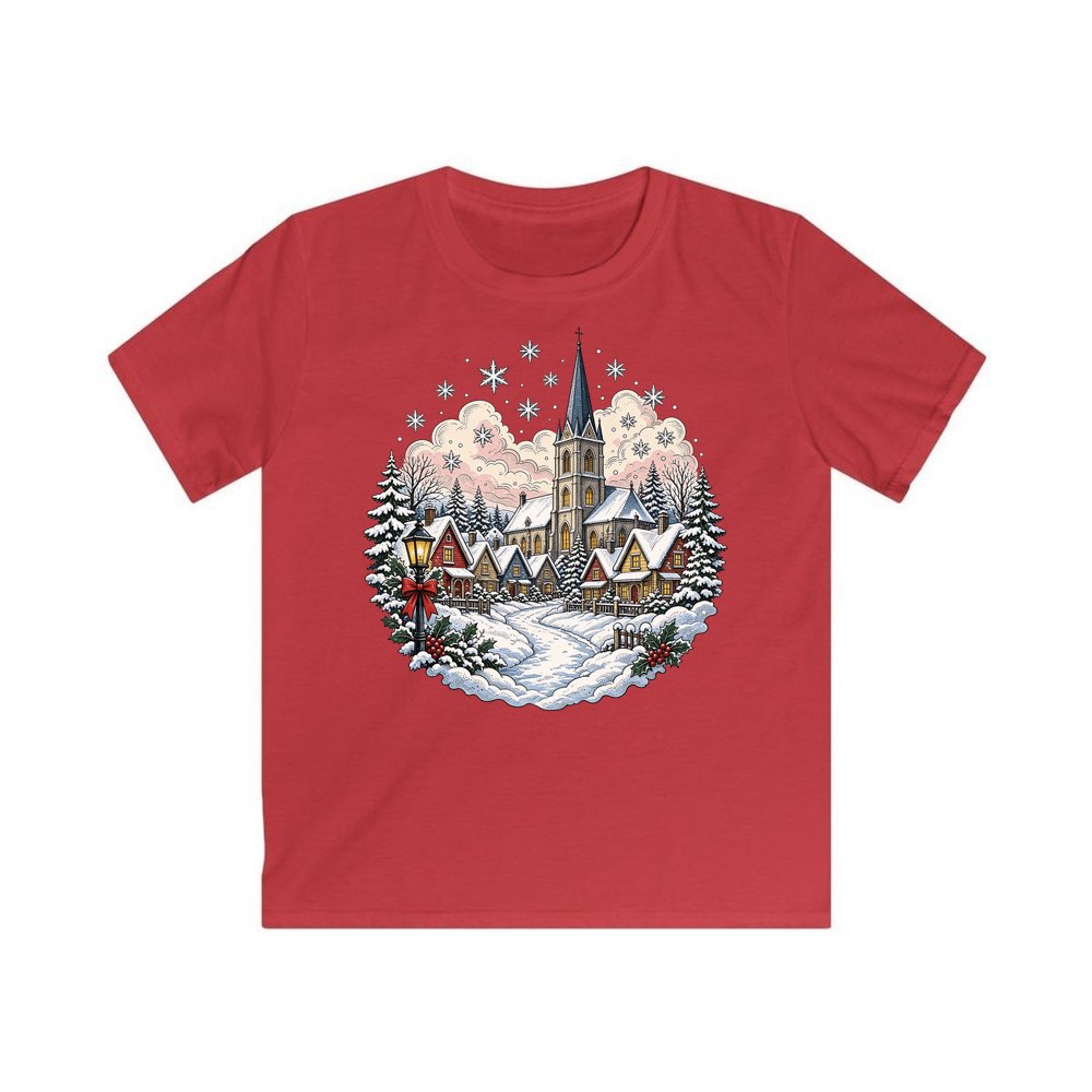 Vintage Snowy Village Church personalised kids Christmas tee in red