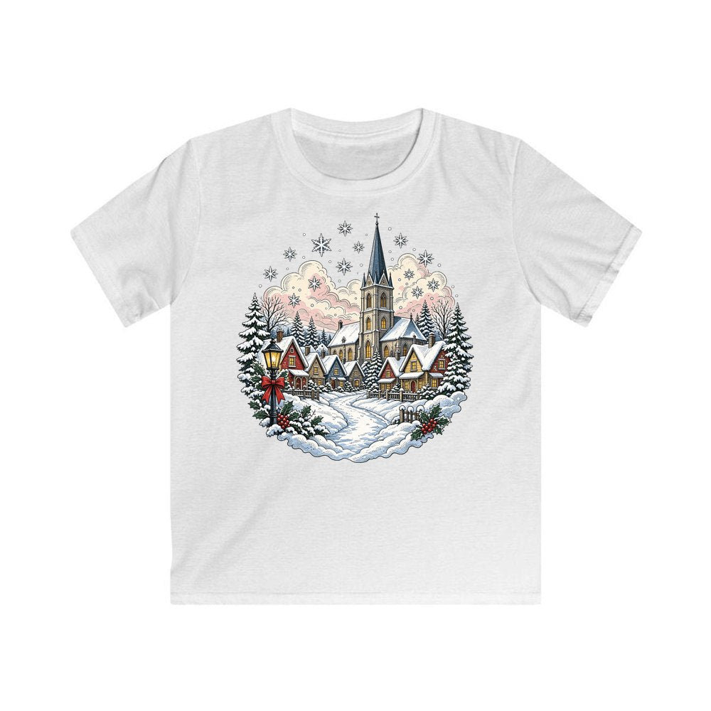 Vintage Snowy Village Church personalised kids Christmas tee in white