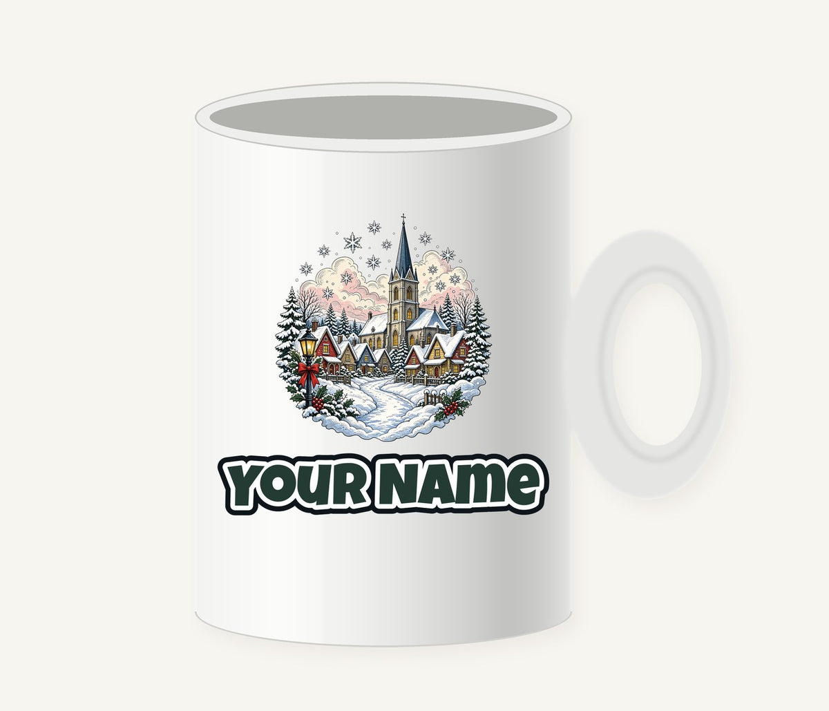 Vintage Snowy Village Church Personalised Christmas Mug