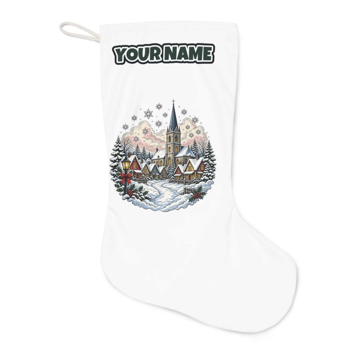 Vintage Snowy Village Church Christmas stocking laid flat, showing the full print