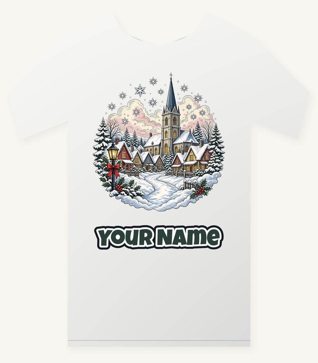 Vintage Snowy Village Church Personalised Christmas T-Shirt and Hoodie