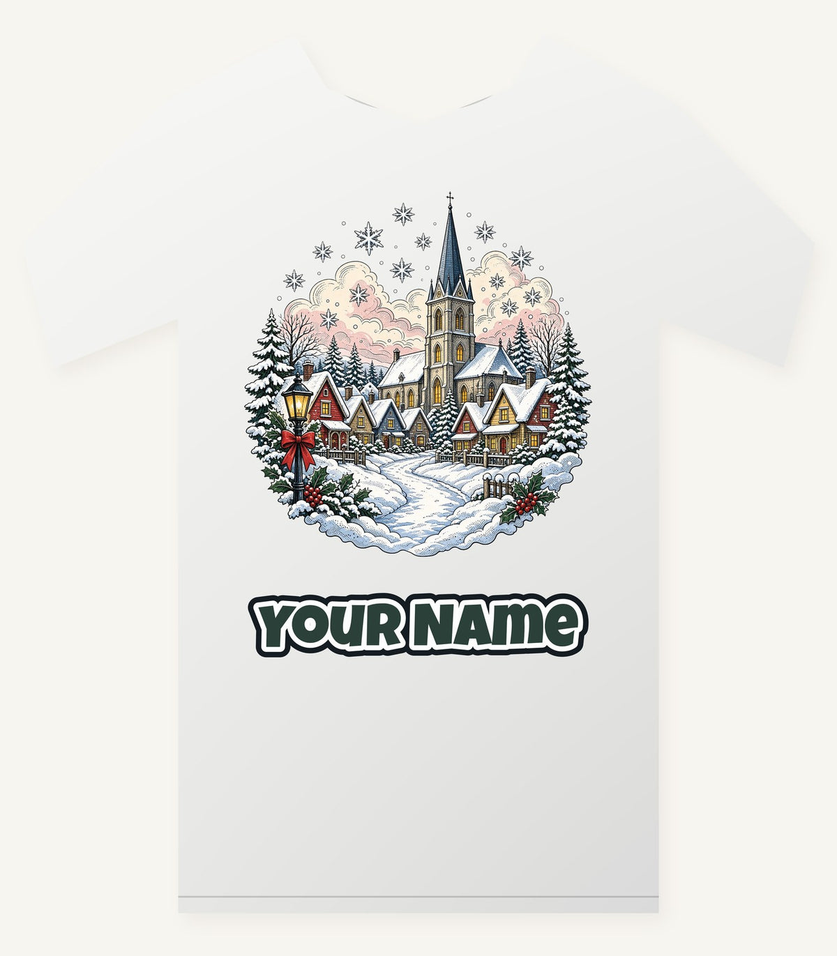 Vintage Snowy Village Church Personalised Christmas T-Shirt and Hoodie