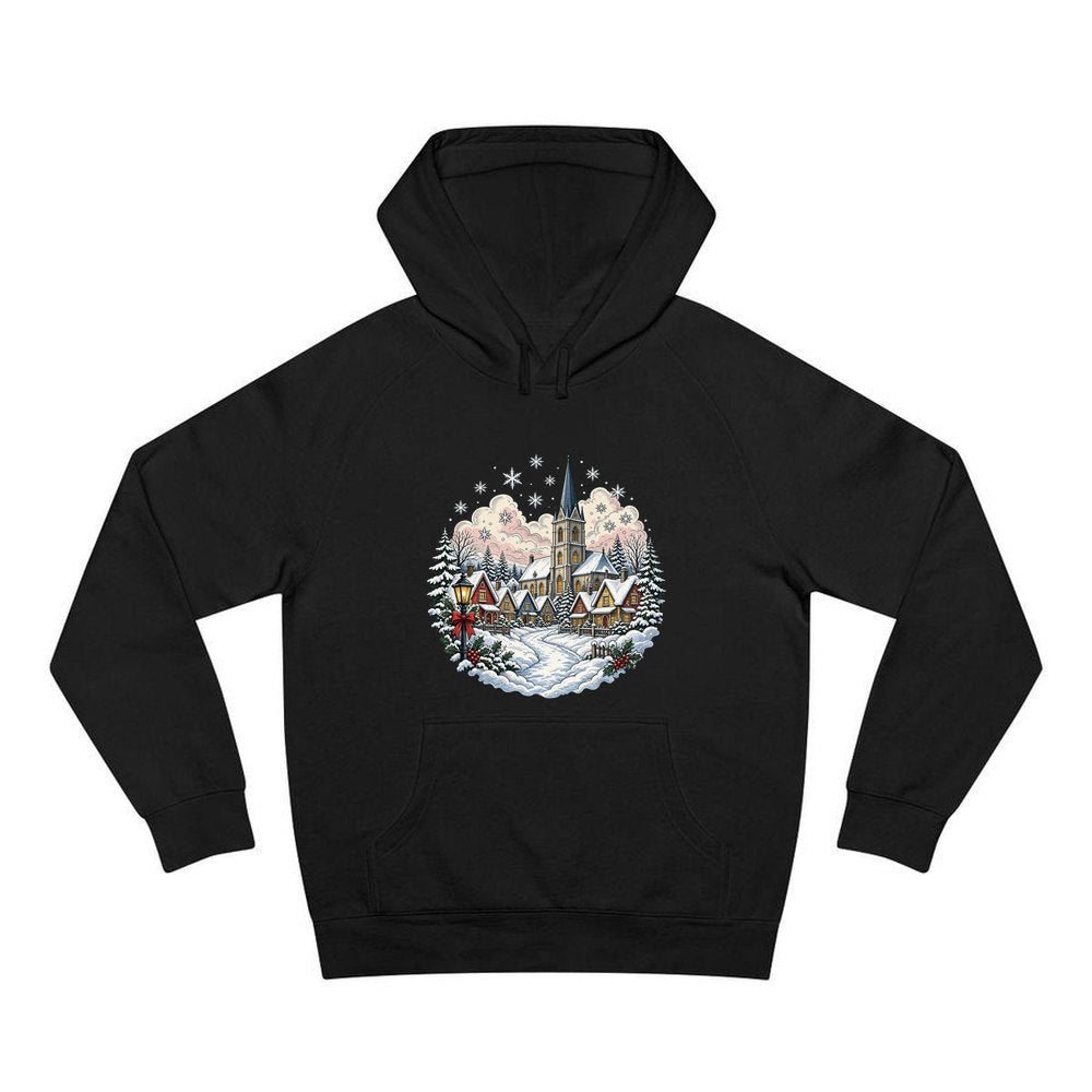 Vintage Snowy Village Church personalised Christmas hoodie in black