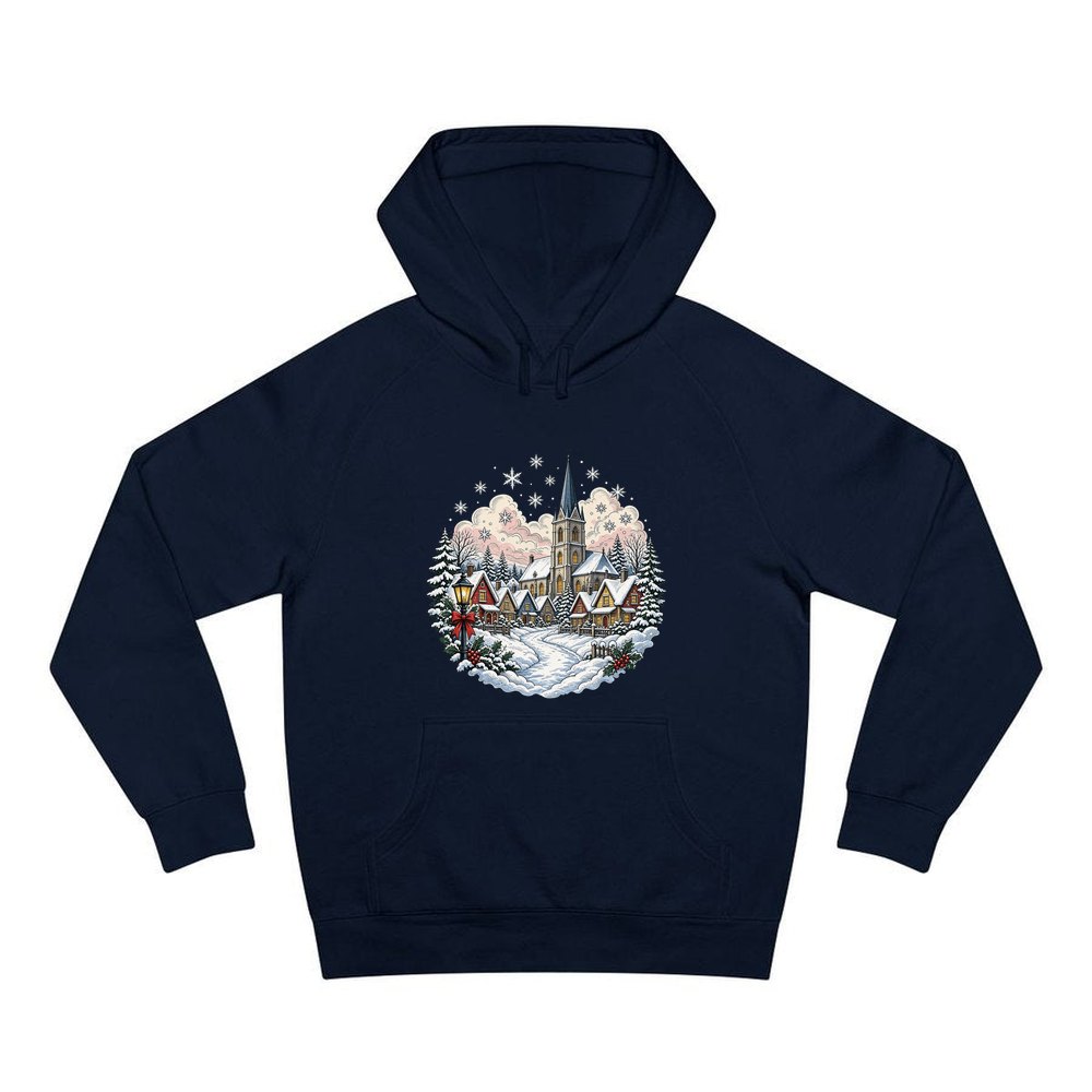 Vintage Snowy Village Church personalised Christmas hoodie in navy
