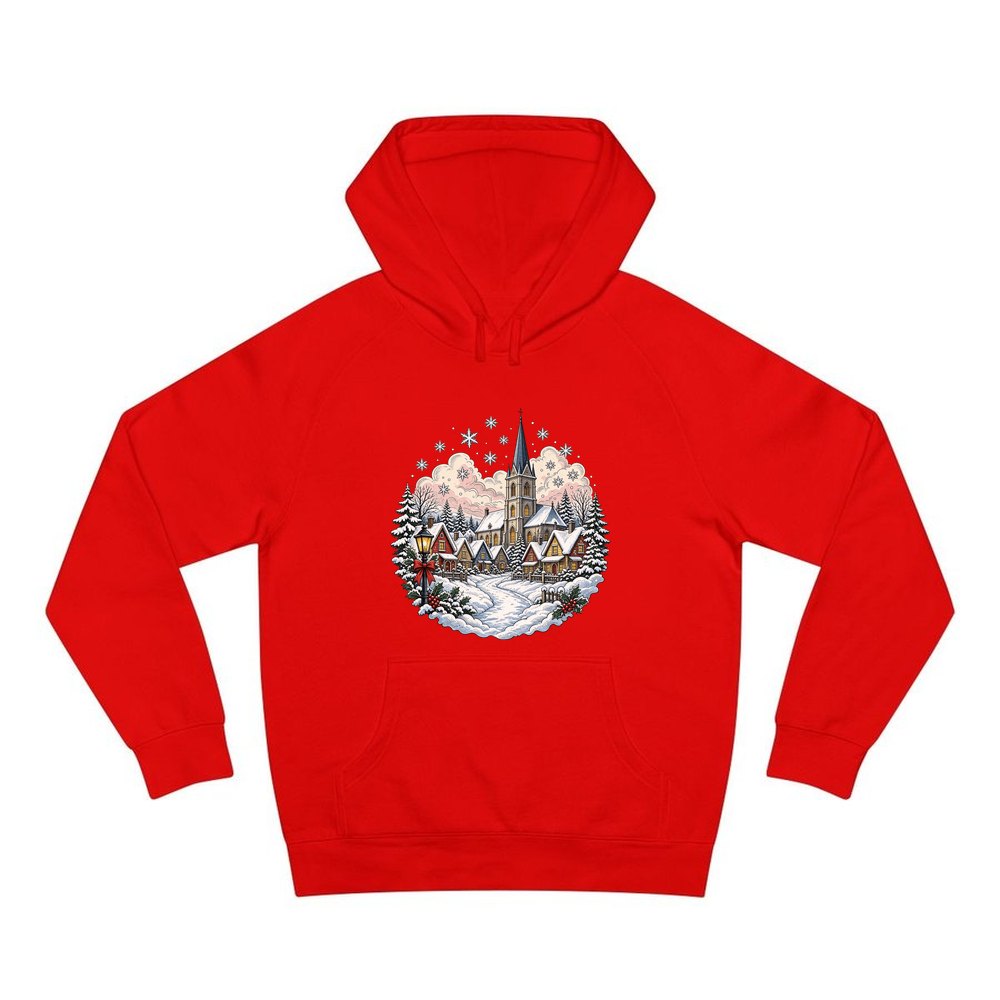 Vintage Snowy Village Church personalised Christmas hoodie in red