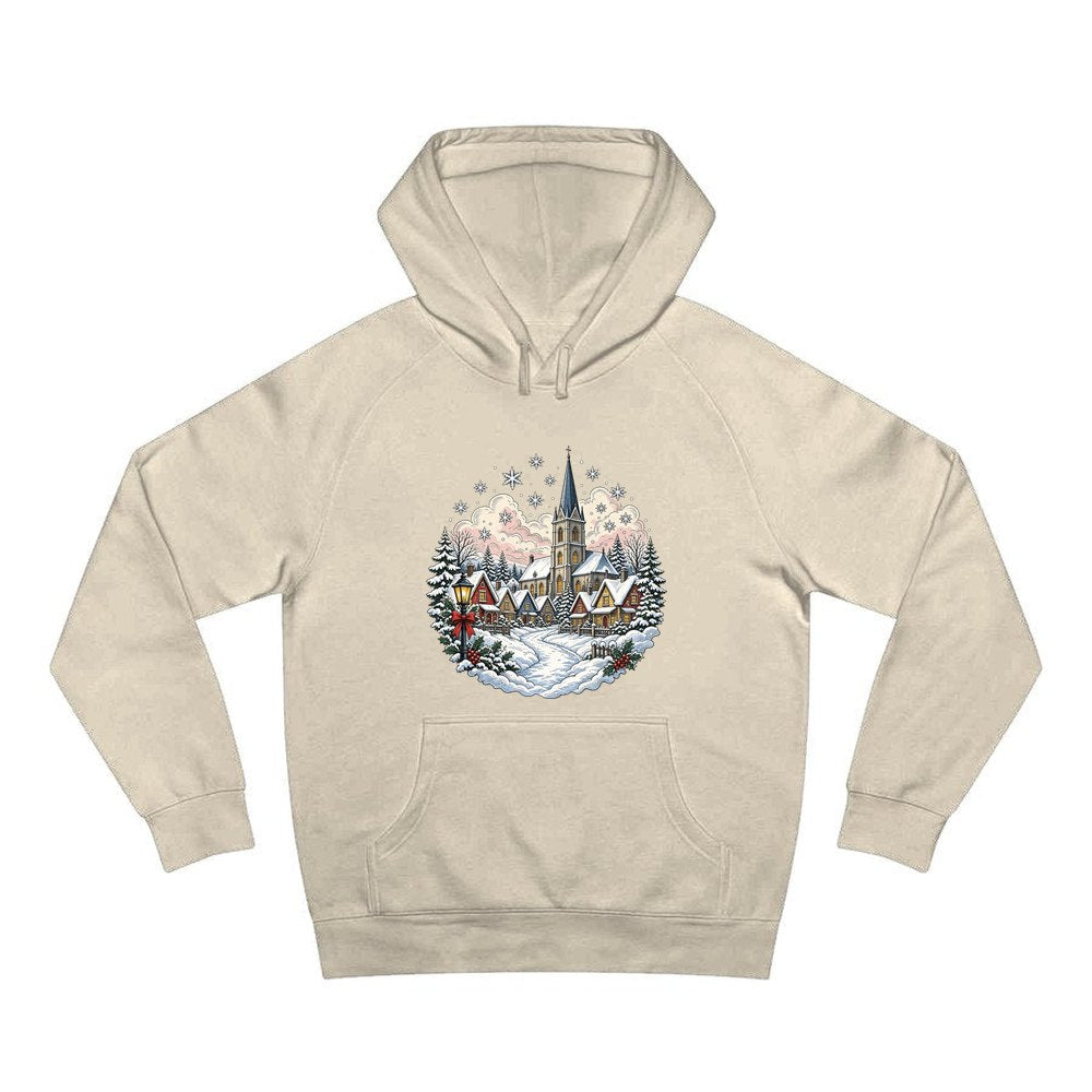 Vintage Snowy Village Church personalised Christmas hoodie in sand
