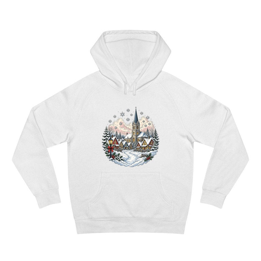 Vintage Snowy Village Church personalised Christmas hoodie in white