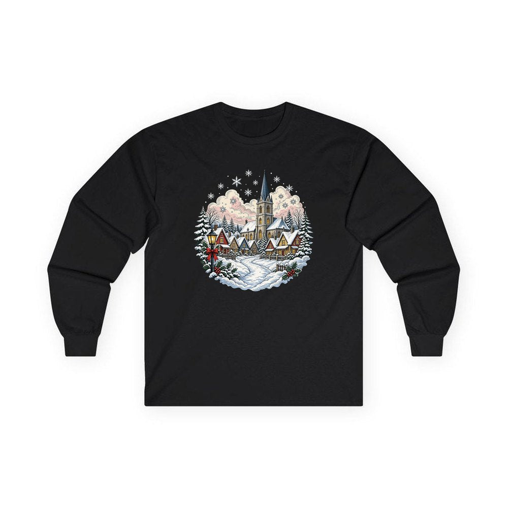 Vintage Snowy Village Church personalised long sleeve Christmas T-shirt in black