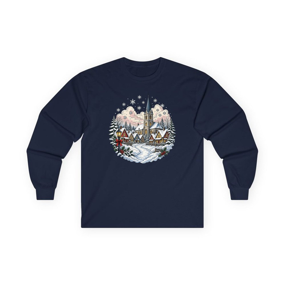 Vintage Snowy Village Church personalised long sleeve Christmas T-shirt in navy
