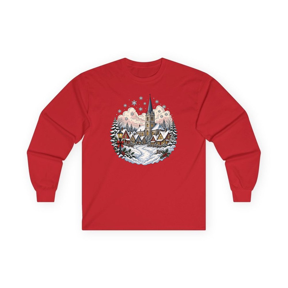 Vintage Snowy Village Church personalised long sleeve Christmas T-shirt in red