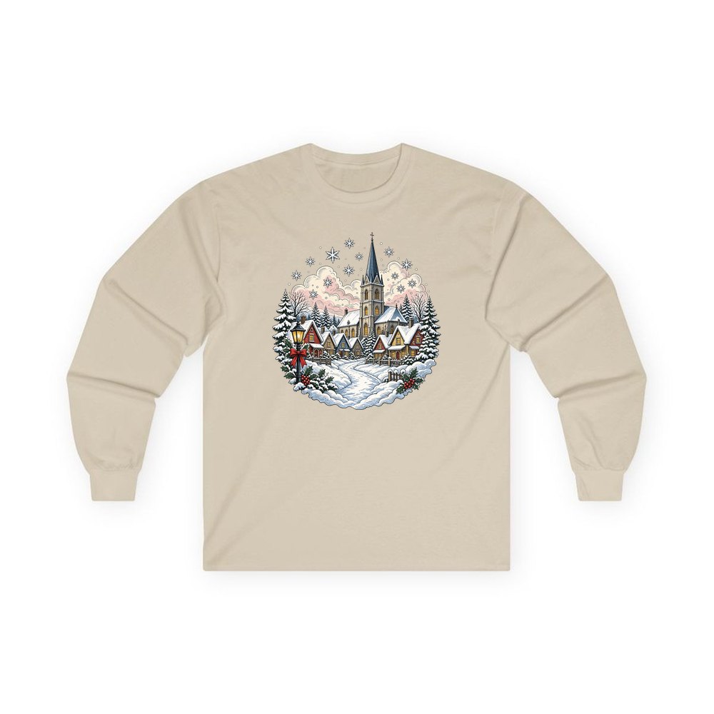 Vintage Snowy Village Church personalised long sleeve Christmas T-shirt in sand