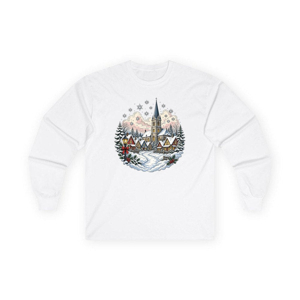 Vintage Snowy Village Church personalised long sleeve Christmas T-shirt in white