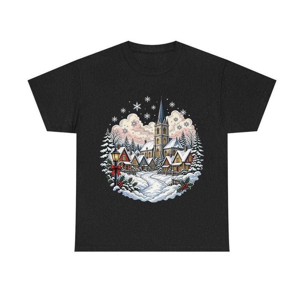 Vintage Snowy Village Church personalised Christmas T-shirt in black