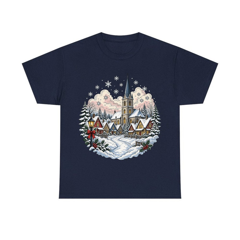 Vintage Snowy Village Church personalised Christmas T-shirt in navy