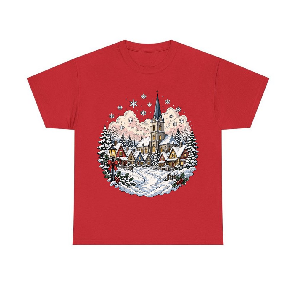Vintage Snowy Village Church personalised Christmas T-shirt in red