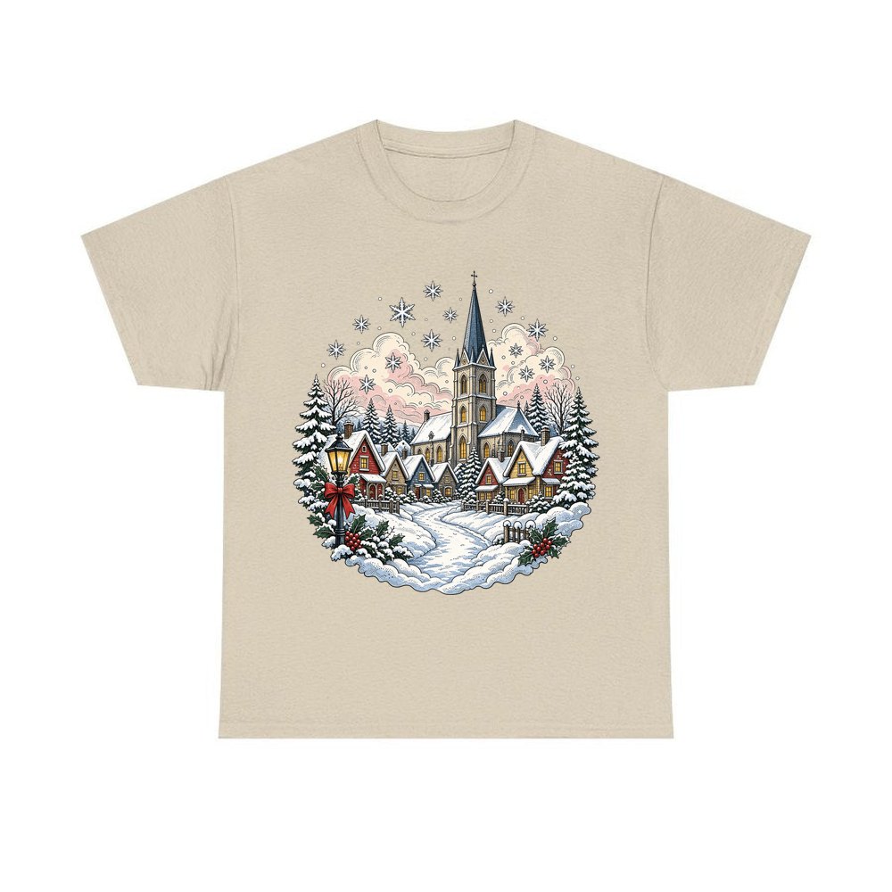 Vintage Snowy Village Church personalised Christmas T-shirt in sand