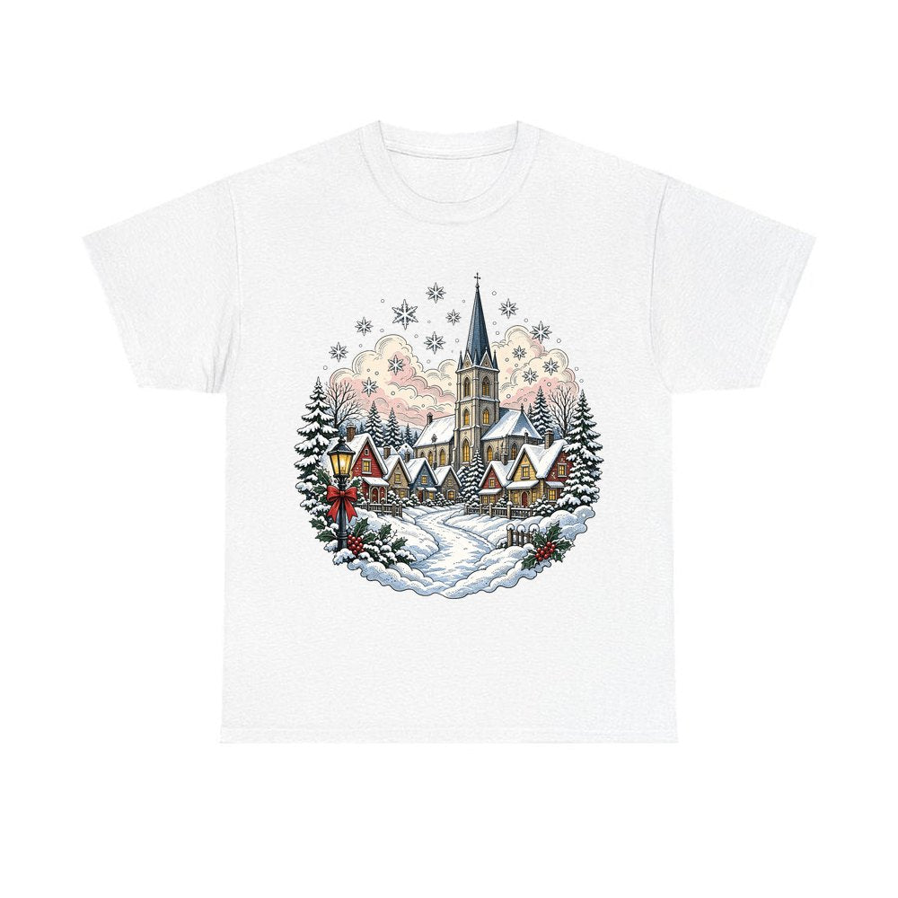 Vintage Snowy Village Church personalised Christmas T-shirt in white