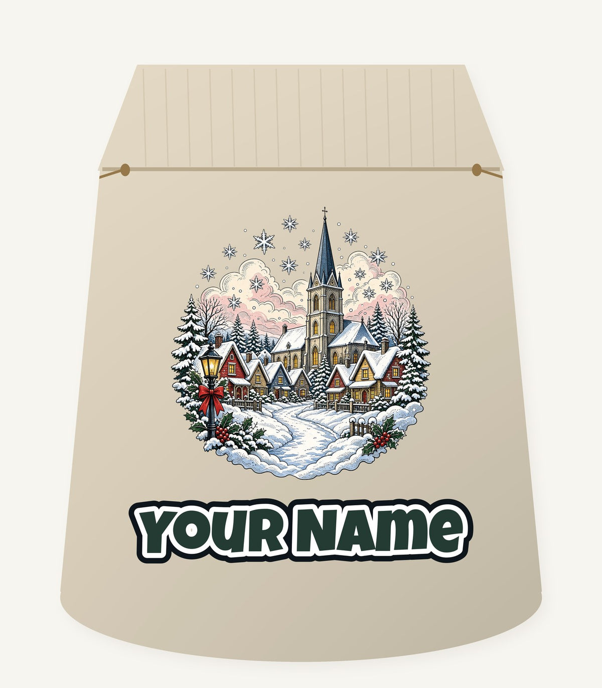 Vintage Snowy Village Church Personalised Santa Sack