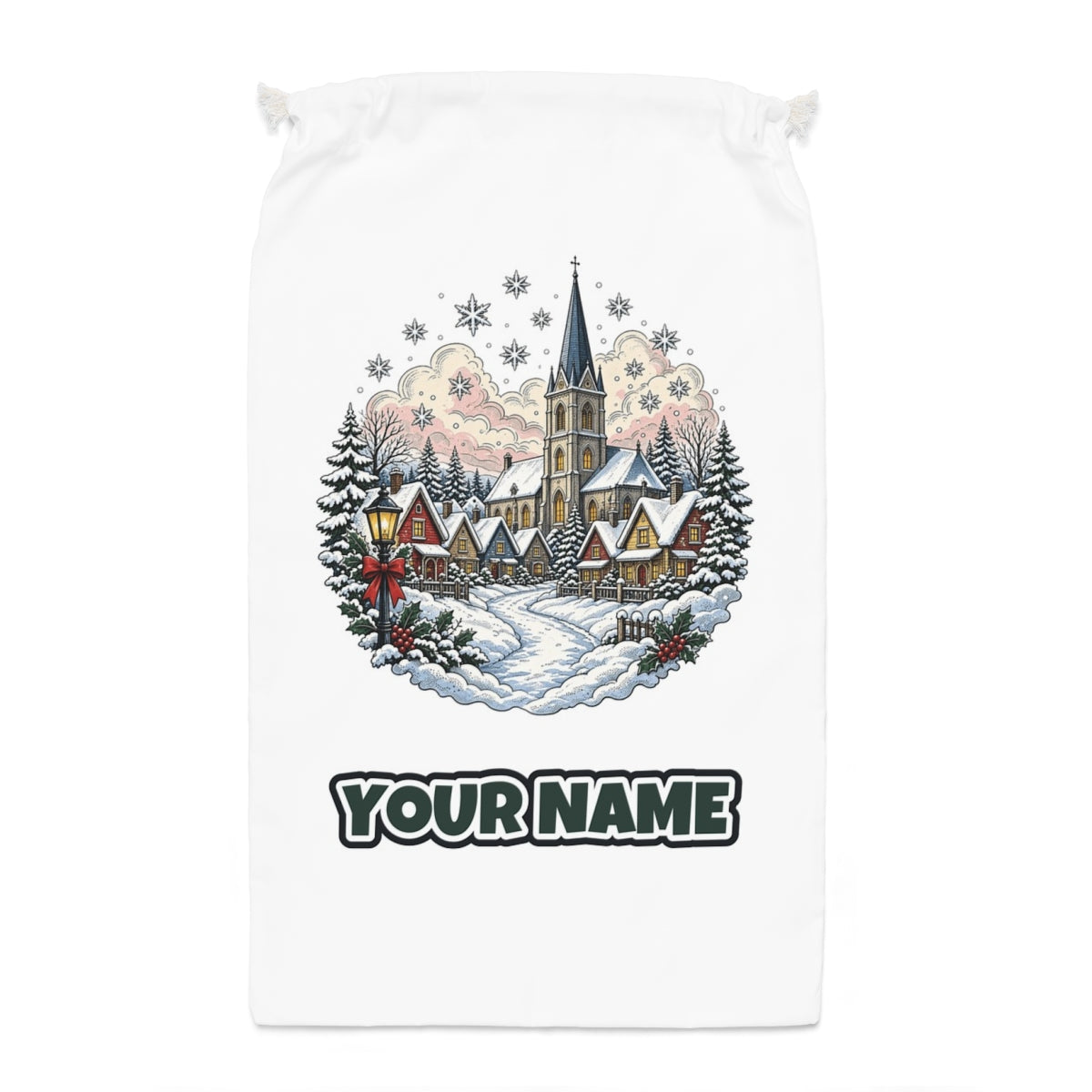 Vintage Snowy Village Church Santa sack laid flat, showing the full print