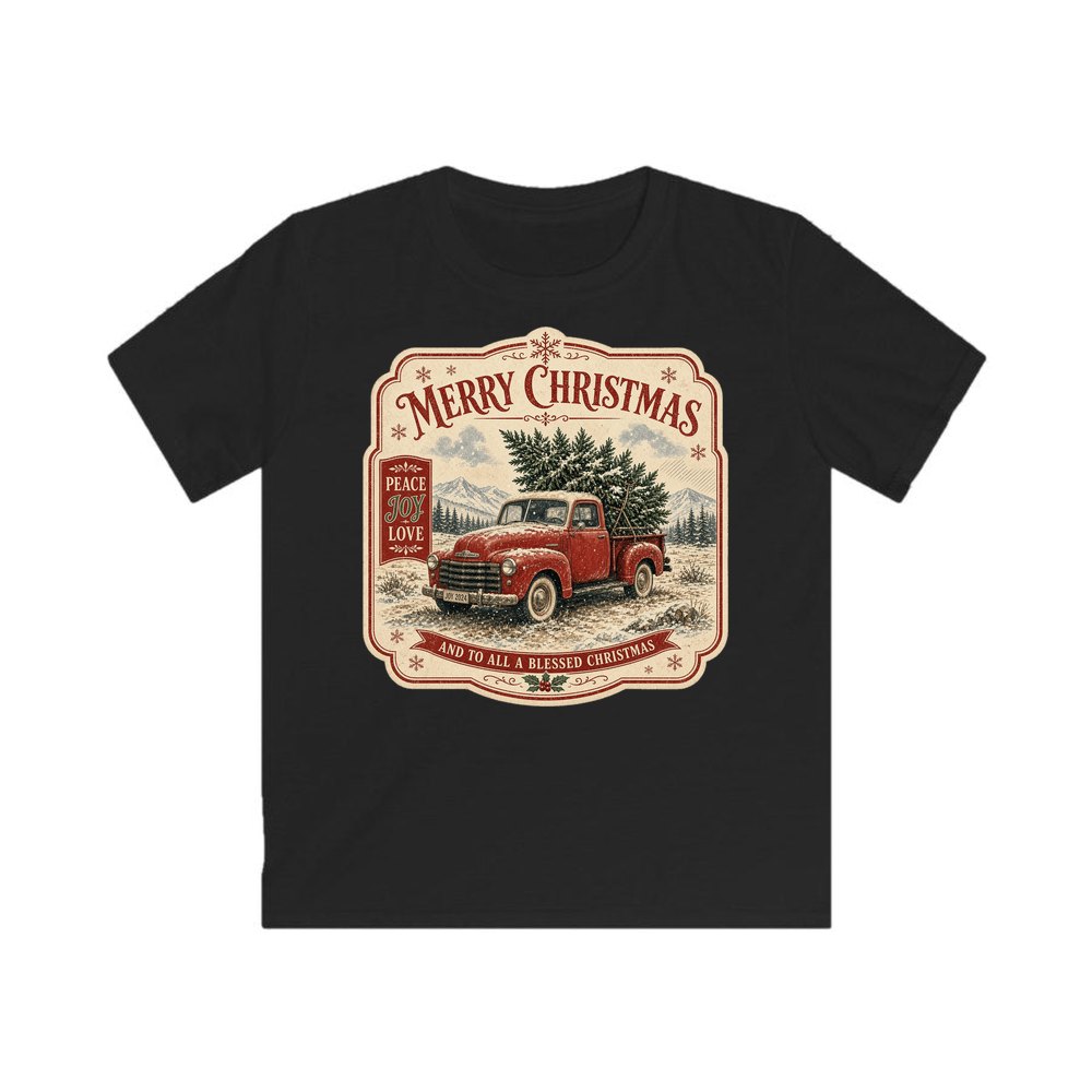 Vintage Truck And Tree personalised kids Christmas tee in black