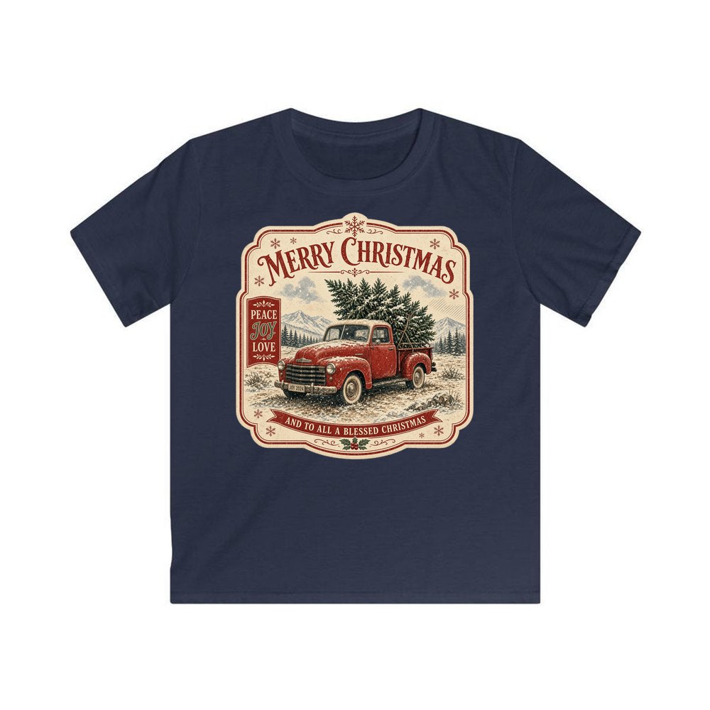 Vintage Truck And Tree personalised kids Christmas tee in navy