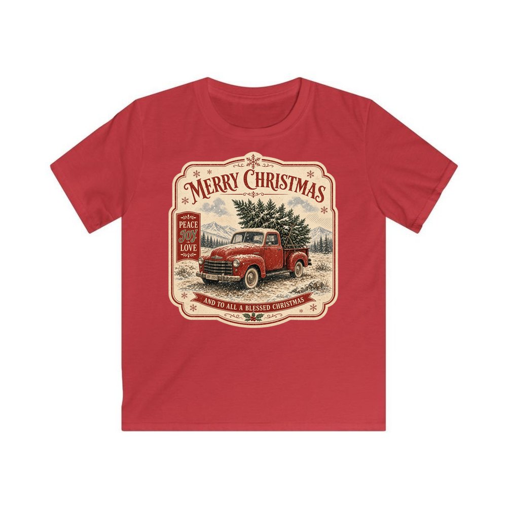 Vintage Truck And Tree personalised kids Christmas tee in red