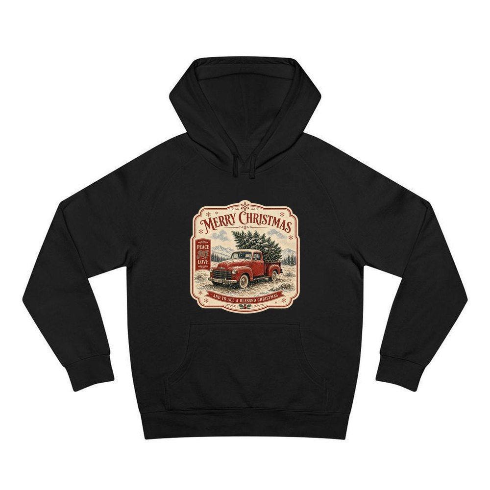 Vintage Truck And Tree personalised Christmas hoodie in black