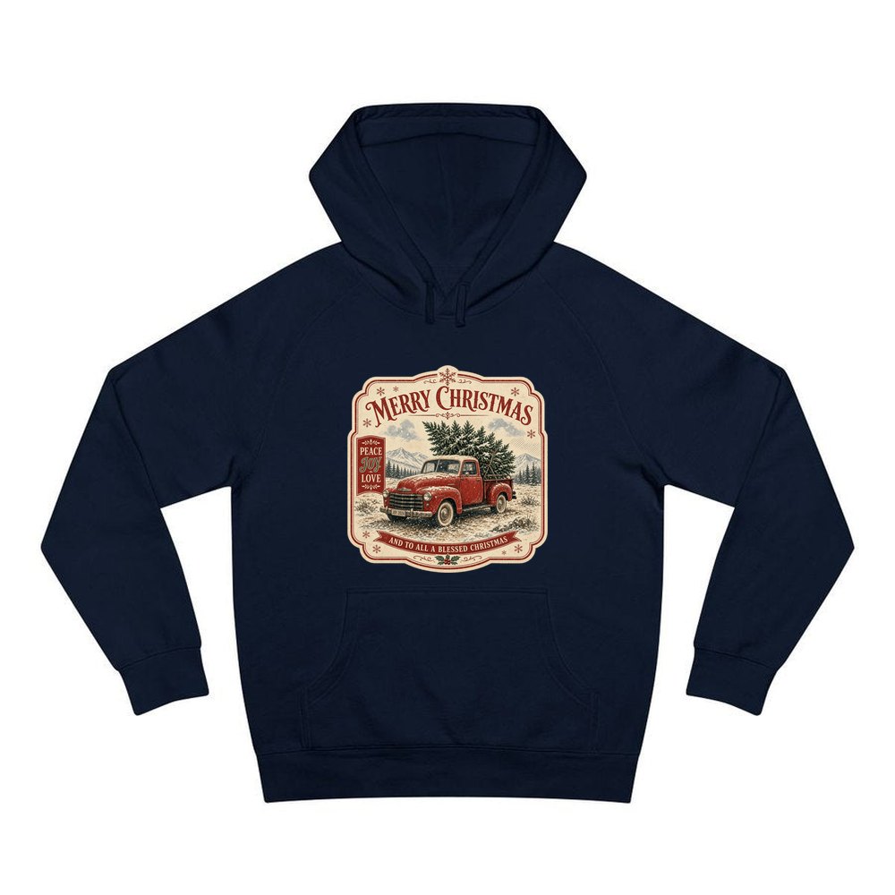 Vintage Truck And Tree personalised Christmas hoodie in navy