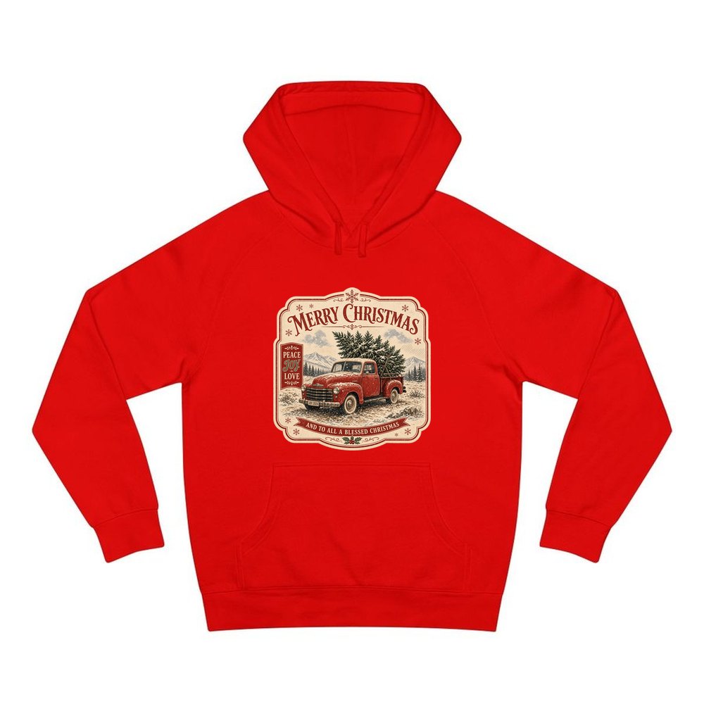 Vintage Truck And Tree personalised Christmas hoodie in red