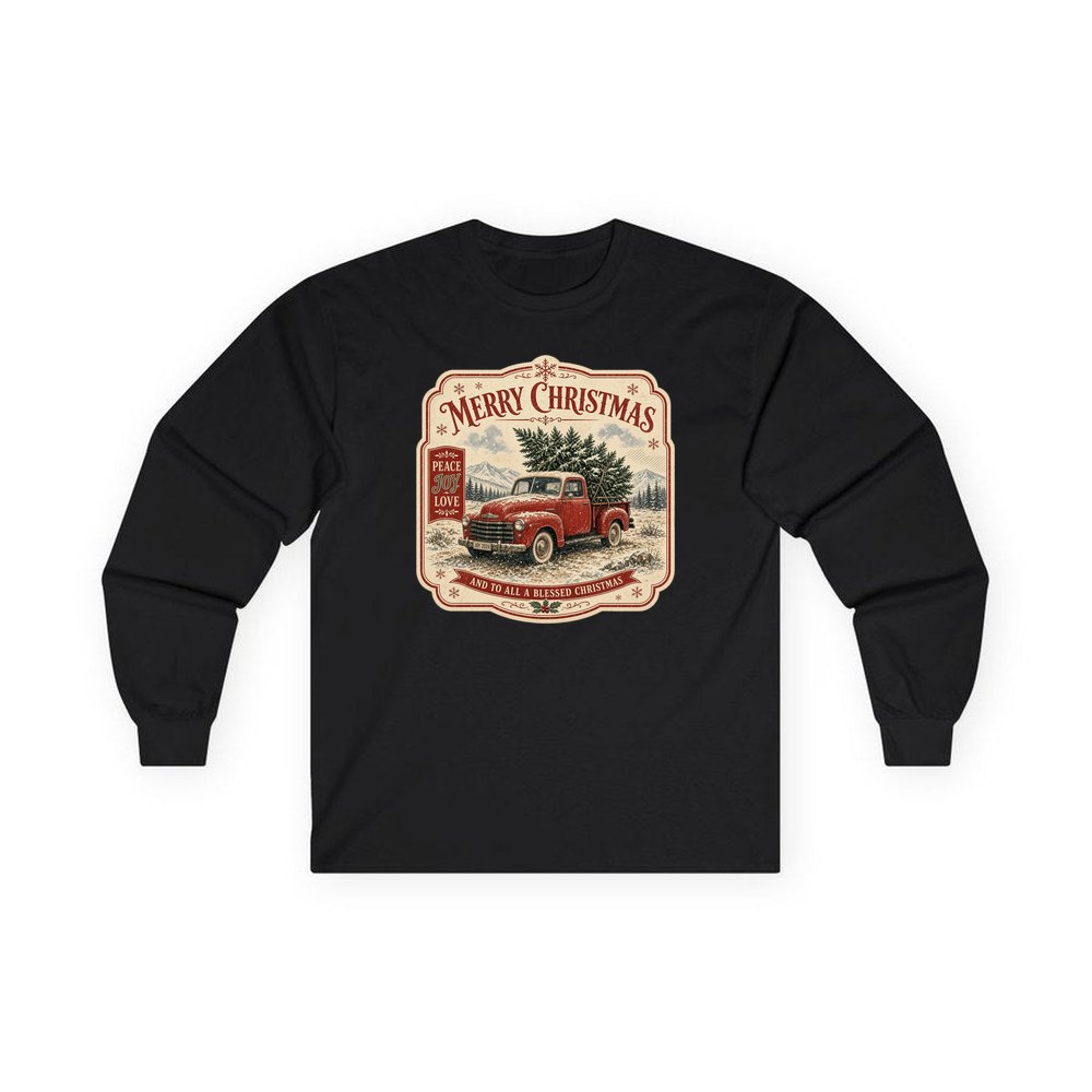 Vintage Truck And Tree personalised long sleeve Christmas T-shirt in black