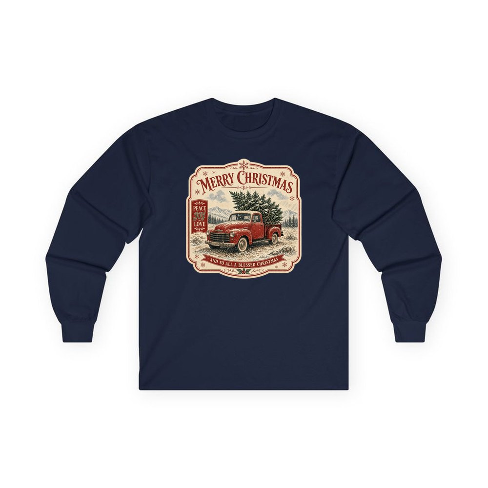 Vintage Truck And Tree personalised long sleeve Christmas T-shirt in navy