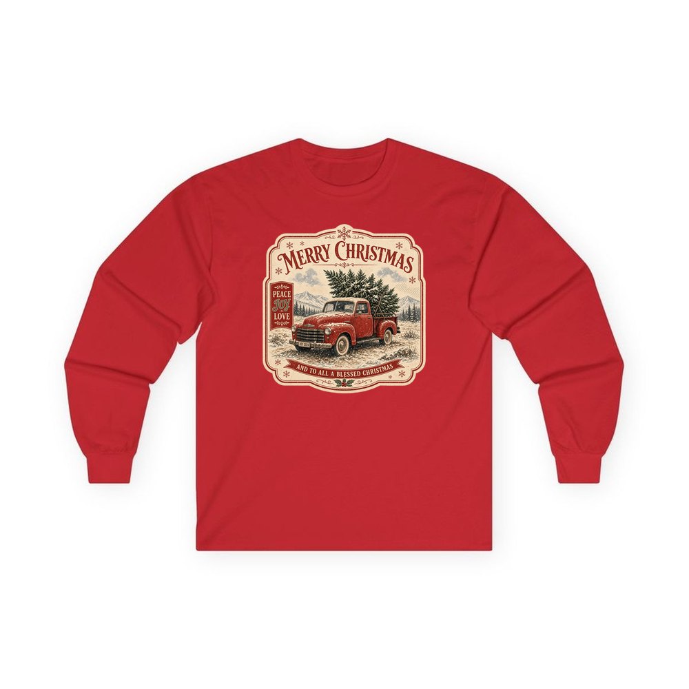 Vintage Truck And Tree personalised long sleeve Christmas T-shirt in red