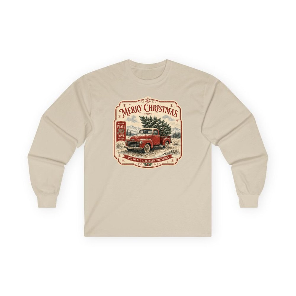 Vintage Truck And Tree personalised long sleeve Christmas T-shirt in sand