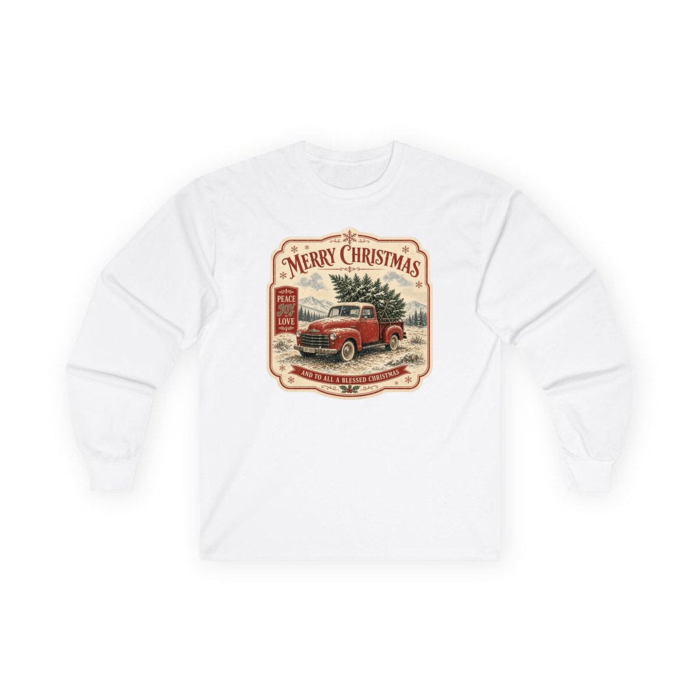 Vintage Truck And Tree personalised long sleeve Christmas T-shirt in white