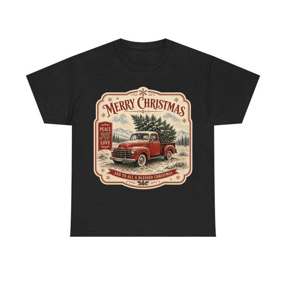 Vintage Truck And Tree personalised Christmas T-shirt in black