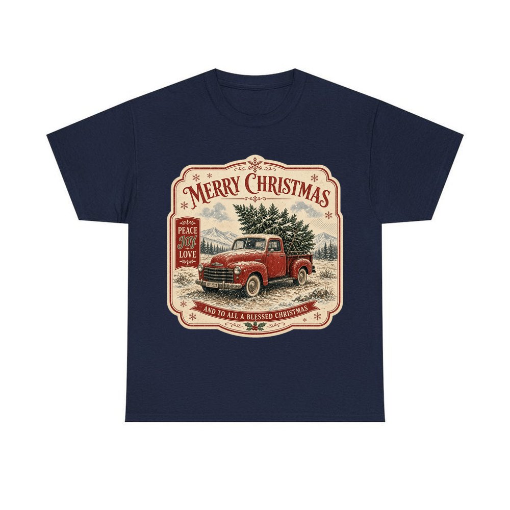 Vintage Truck And Tree personalised Christmas T-shirt in navy