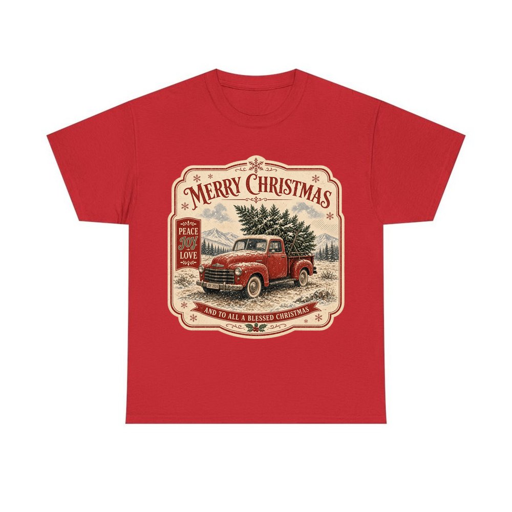 Vintage Truck And Tree personalised Christmas T-shirt in red
