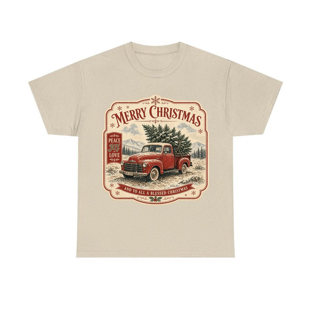 Vintage Truck And Tree personalised Christmas T-shirt in sand