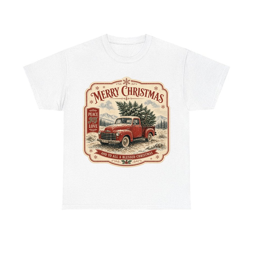 Vintage Truck And Tree personalised Christmas T-shirt in white