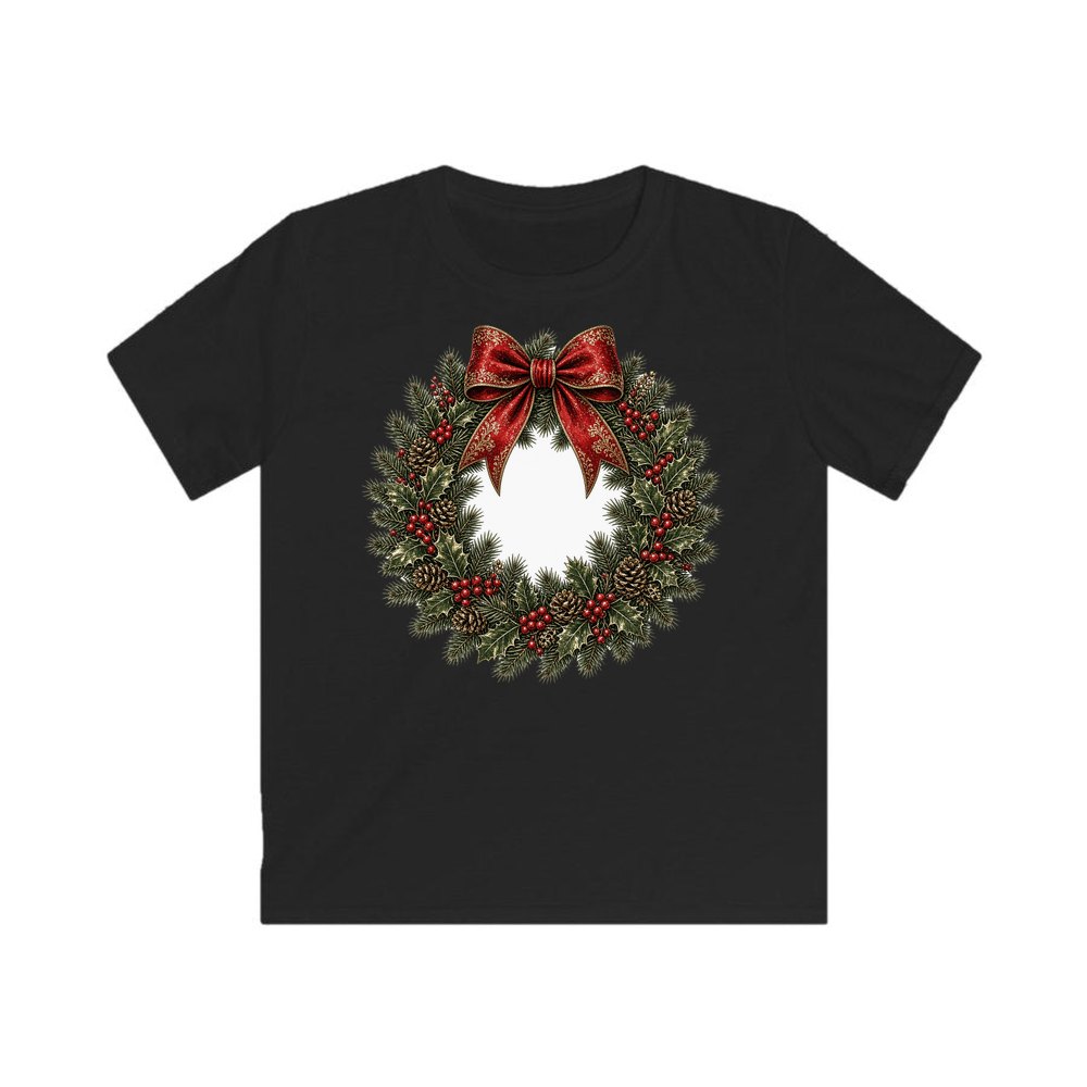 Vintage Wreath with Red Bow personalised kids Christmas tee in black