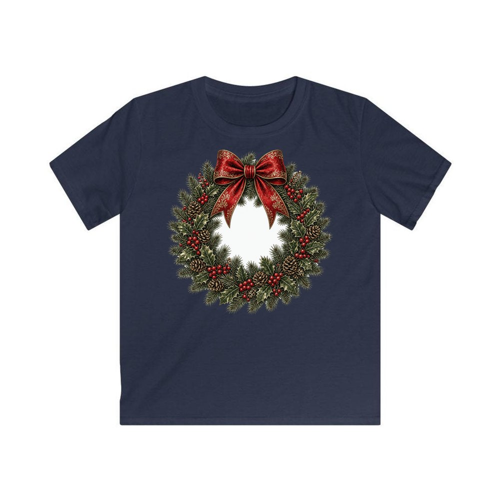 Vintage Wreath with Red Bow personalised kids Christmas tee in navy