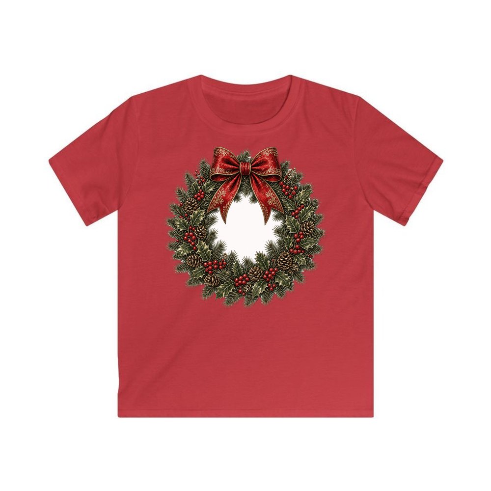 Vintage Wreath with Red Bow personalised kids Christmas tee in red