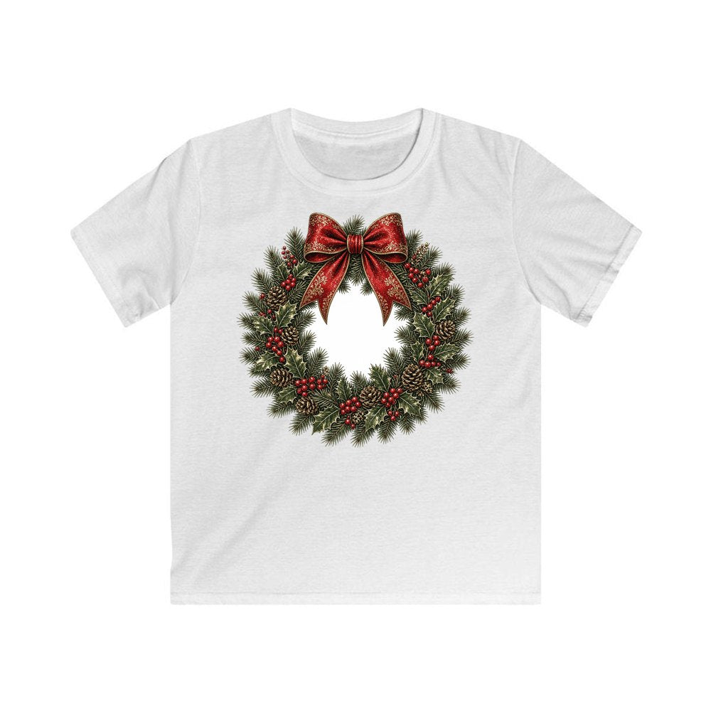 Vintage Wreath with Red Bow personalised kids Christmas tee in white