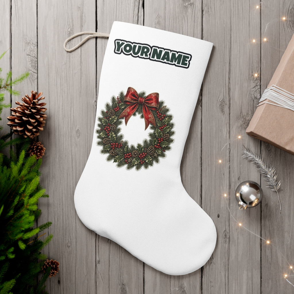 Vintage Wreath with Red Bow personalised Christmas stocking, white, with the name across the top