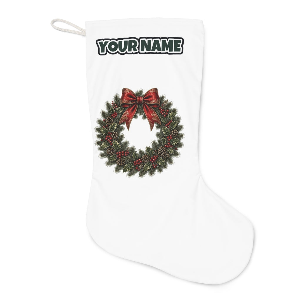 Vintage Wreath with Red Bow Christmas stocking laid flat, showing the full print