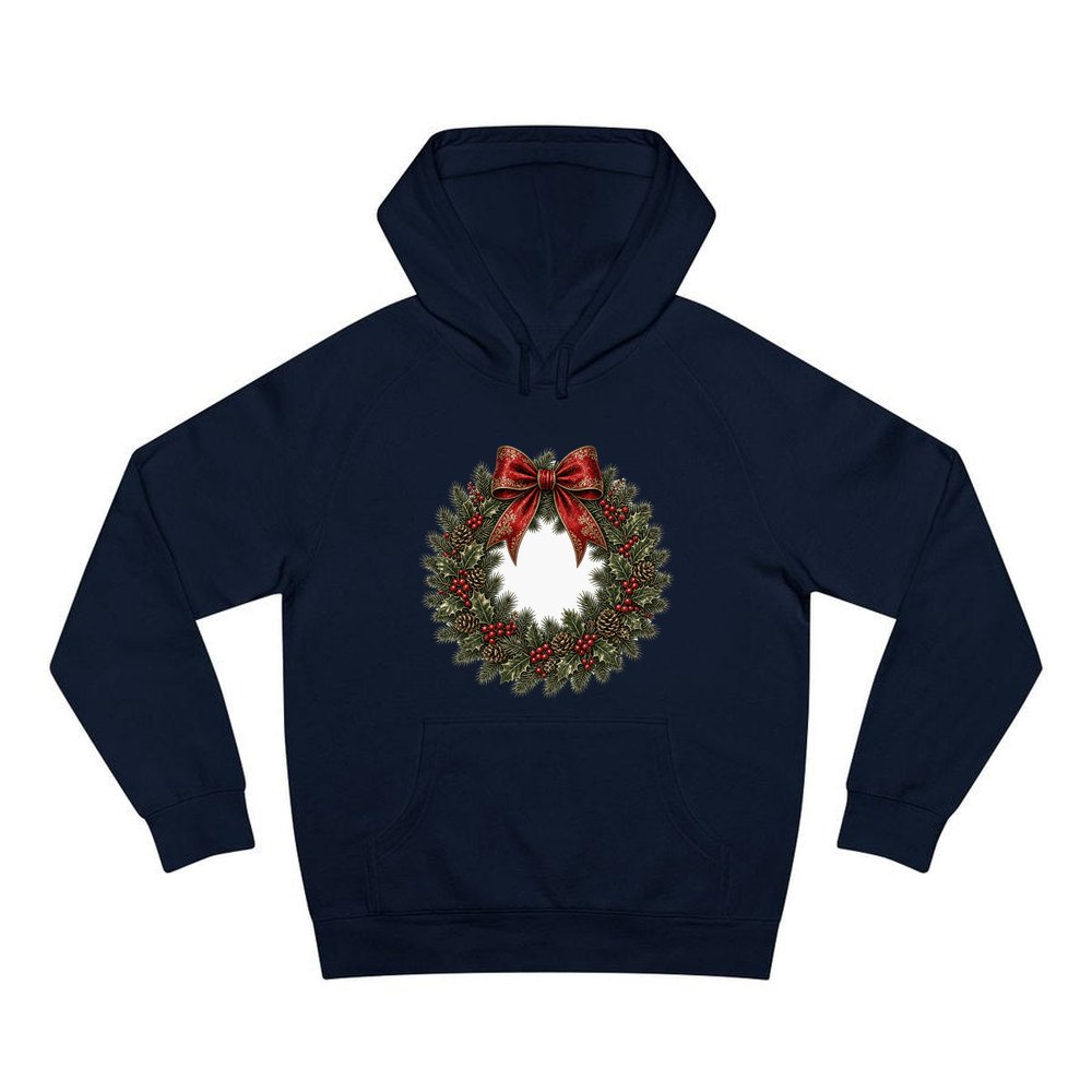 Vintage Wreath with Red Bow personalised Christmas hoodie in navy