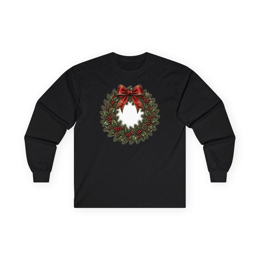 Vintage Wreath with Red Bow personalised long sleeve Christmas T-shirt in black