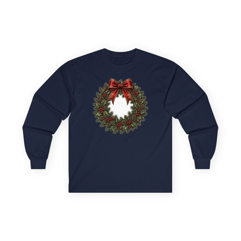 Vintage Wreath with Red Bow personalised long sleeve Christmas T-shirt in navy